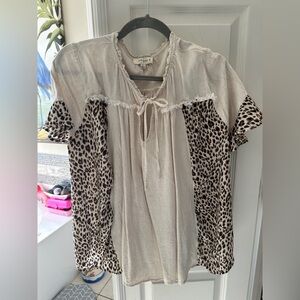 Umgee Leopard Cream Ruffle Tie-Front Top XL